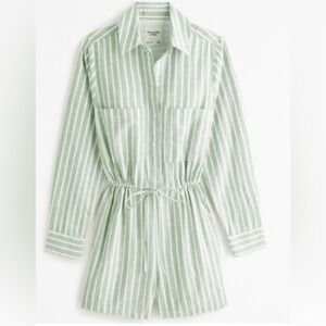 Abercrombie Green and White Striped Romper 100% cotton/linen blend size L Tall